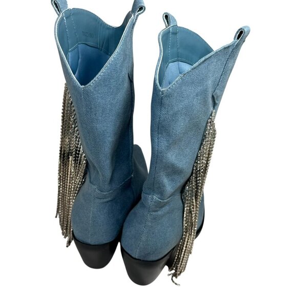 Azalea Wang TooCute Denim Rhinestone Fringed Mid Calf Cowboy Boots Size 7 NEW - Picture 11 of 12